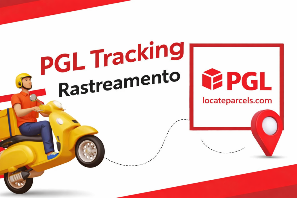 PGL tracking rastreamento banner with delivery rider on scooter, location pin, and parcel tracking concept design