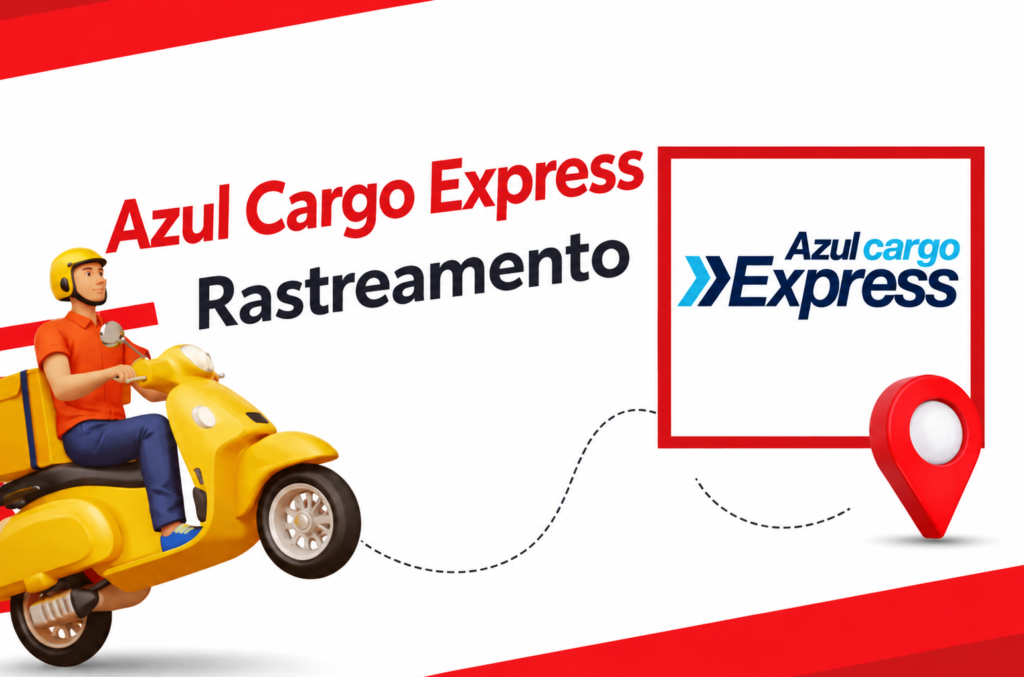 Banner de rastreamento Azul Cargo Express com entregador em scooter amarela, texto “Rastreamento” e logotipo Azul Cargo Express ao lado de um marcador de localização.